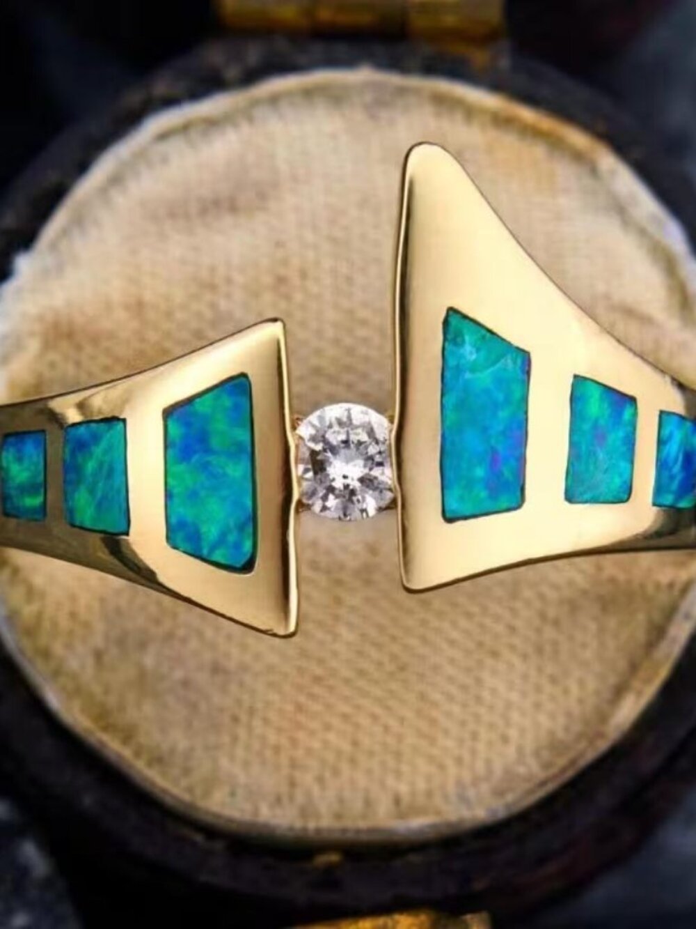WHALE'S TAIL DESIGN AUSTRIAN FAUX OPAL IN GOLDEN DESIGN BYPASS RING SZ. 7 N